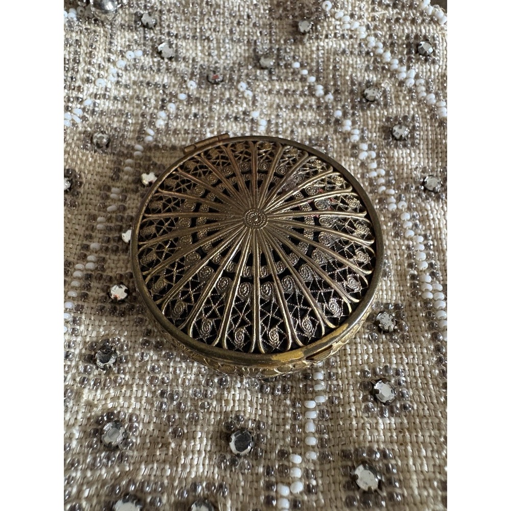Antique VTG Early 1900's Gold Brass Metal Filigree Mirrored Compact Pill Box